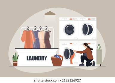 Woman in laundry. Young girl with dirty clothes near washing machine, comfortable service near house. Hygiene and daily affairs, hostess routine, domestic activity. Cartoon flat vector illustration