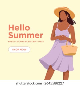 Woman in Lavender Summer Dress Beige Straw Hat Holds Beige Basket Hello Summer Text girl female