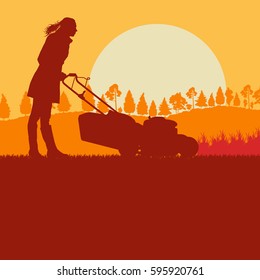 Woman with lawn mover cutting grass vector background landscape with sunset