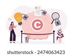 Woman lawyer or author protect copyright symbol, brain and various media content. Concept of intellectual property, copyright, authorship rights. Protecting patent or license. flat vector illustration