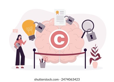 La abogada o autora protege el Derechos de autor, el cerebro y diversos contenidos de los medios de comunicación. Concepto de Propiedad intelectual, Derechos de autor, derechos de autor. Protección de patente o Licencia. Ilustración vectorial plana