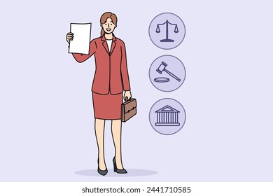 Woman lawyer demonstrates court decision on absence of claims against client, standing near legal symbols. Girl corporate lawyer with smile shows contract or permission received from ministry justice