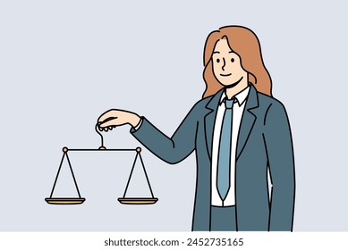 Woman lawyer holds scale in hand, listening to arguments of parties and trying to make fair and legal decision. Girl lawyer defending people at court hearings looks at screen with smile.