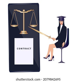 Woman lawyer with sword, scales of justice on smartphone screen - isolated on white background - vector. Legal support agreement. Online contract. Legal advice online.