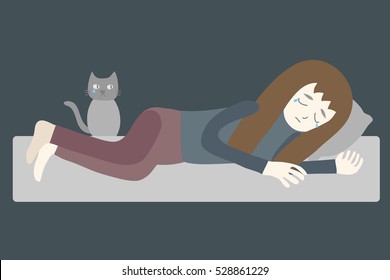 woman lay in bed crying with a cat looking / depressed person being sad and has tears cartoon