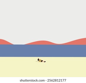 Woman lay down on beach with landscape mountain and sea view. Holiday vacation. Minimal art design.