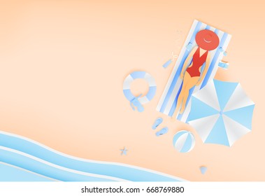 Woman lay down on the beach with beautiful beach  background paper art style vector illustration