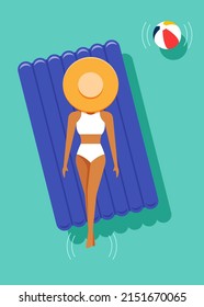 A woman lay down on inflatable raft at swimming pool. Summer time and happy holiday concept flat design style. Can be used for print, brochure, backdrop, leaflet, flyer, banner, vector illustration