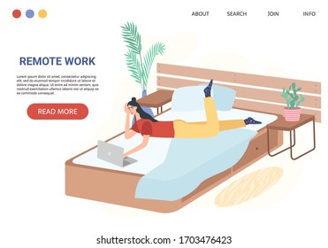 Woman laying in bed with laptop computer and working from home. Freelance work and convenient workplace vector concept. Bedroom interior. Distance work, online study, education, remote work banner.