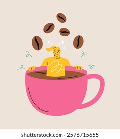 Woman laying in the cup of coffee. Free time concept. Colorful vector illustration
