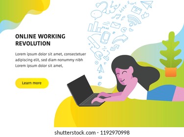 Woman laying down with laptop, landing page design with technology doodle