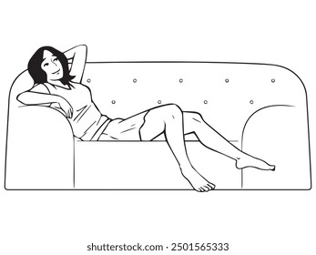 A woman laying down on the sofa. Illustration in black and white and vector format. Please note that this illustration is not AI Generated content.