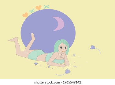 Woman laying down. Pastel color poster, modern design. Vector illustration