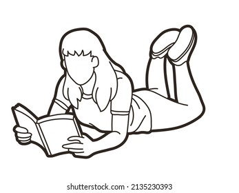 A Woman Laying Down and Reading Book People Learning Cartoon Graphic Vector