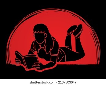 A Woman Laying Down and Reading A Book People Learning Cartoon Graphic Vector