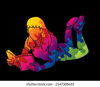 A Woman Laying Down and Reading A Book People Learning Cartoon Graphic Vector