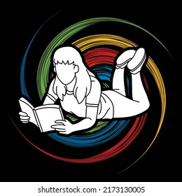 A Woman Laying Down and Reading A Book People Learning Cartoon Graphic Vector