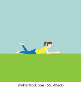 Woman laying down and reading book on green grass-vector cartoon