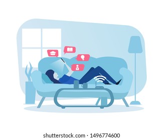 Woman laying down while studying and learning online with smartphone. Online education, e-learning, online courses concept. Illustration for website, landing page and business presentation