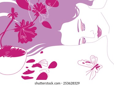 Woman laying next to flowers and butterfly