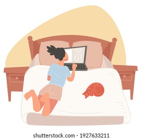 Woman Laying On Bed With Pet Cat, Browsing Web Or Working On School Or Work Project. Freelancer Or Student Studying Online Courses. Lady In Hotel Room Or Home Using Laptop. Vector In Flat Style