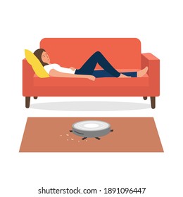 Woman  laying on comfortable sofa. Gir sleeping on the couch, robot vacuum cleaner works. Modern wireless equipment for cleaning the apartment.Cleaning concept.Vector illustration