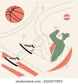 A woman is laying on a couch with a basketball in the background. Concept of relaxation and leisure, as the woman is taking a break from playing basketball