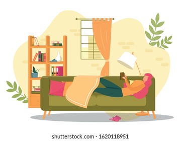 Woman Laying on Couch Holding Book Vector Illustration. Girl Reading in Living Room. Study, Learning, Education at Home. Free Time Relaxation. Interior with Sofa, Lamp, Bookcase, Window