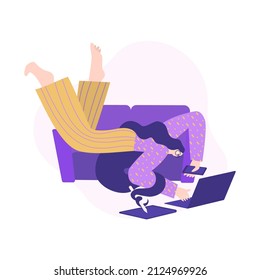 Woman laying on a couch surrounded by laptop and tablet, holding in hands phone while drawing on the tablet. Concept of multitasking at home office