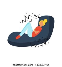 Woman is laying on the couch. Women menstruation pain vector concept.
Menstrual pain illustration. Symptoms of pms pain. 