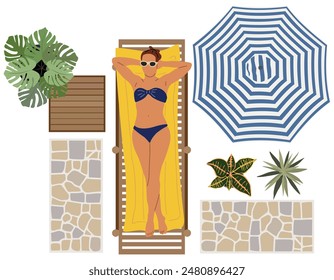 A woman is laying on a lounge chair in a garden patio. The woman is wearing a bikini and sunglasses. Top view scene with potted plants, outdoor furniture and umbrella.  Flat vector illustration.