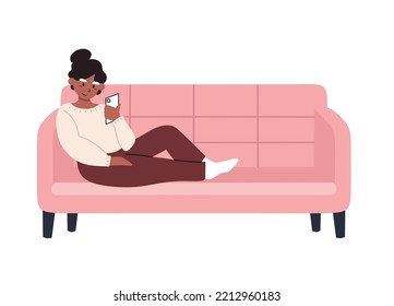 Woman laying on sofa browsing internet use smartphone checking media social. 