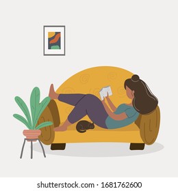 Woman laying on the sofa and reading book at home. Hand drawn vector illustration in flat cartoon style. 