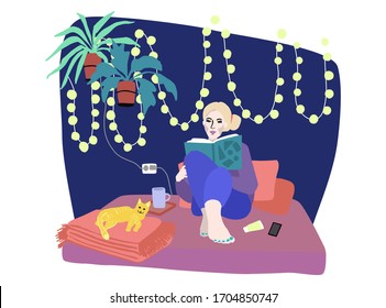 Woman laying on the sofa and reading a book in her cozy room with a cat laying on the blanket.Concept of a cozy, comfy recreation inside the house.Enjoy life illustration in flat style.Happy lifestyle