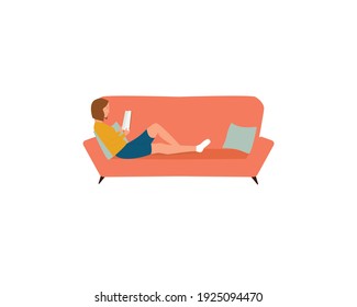 Woman laying on the sofa and reading book at home isolated on white background. Self education, distance studying, relaxing concept. Modern vector illustration in cartoon flat style