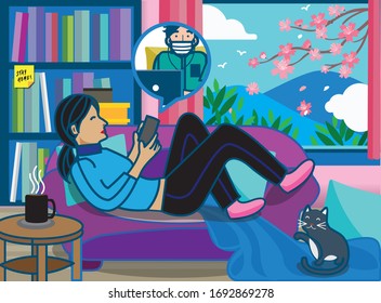 Woman laying on the sofa and texting a guy with face mask. Practice social distance during coronavirus outbreak period.