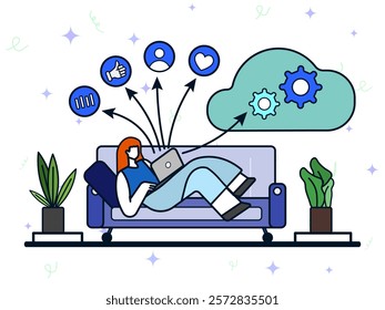 Woman laying on sofa and using laptop at home to access social media and setting cloud computing. Cloud management, account security, cyber protection. 