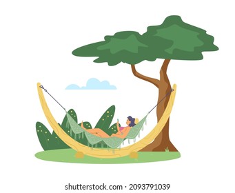 Woman lays in hammock in garden, flat vector illustration isolated on white background. Girl in swimsuit relaxes in nature. Concept of summer outdoor recreation.