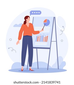 Woman lead presentation. Public speaking, boss tells subordinates about financial income. Employee of analytical department with flip chart, working with information. Cartoon flat vector illustration