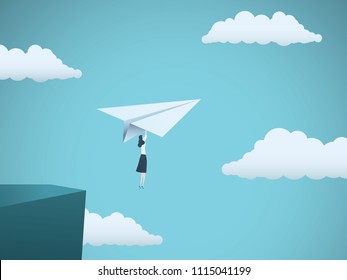 Woman leader in business vector concept. Businesswoman flying on paper plane off a cliff as symbol of woman power, strength, motivation, ambition and feminism. Eps10 vector illustration.