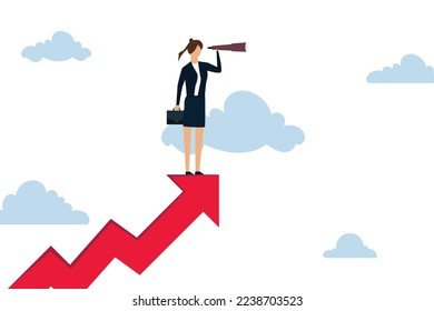 Woman leader with lady power business vision, success businesswoman standing on top of rising arrow with telescope to see future vision