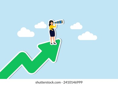 Woman leader with lady power business vision, woman visionary to see business opportunity concept, success businesswoman standing on top of rising arrow with telescope or spyglass to see future vision