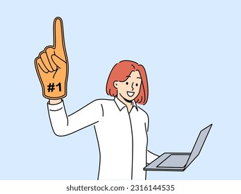 Woman leader with laptop and giant champion hand symbolizing success in internet career. Ambitious girl wants to become leader by working as freelancer through computer or creating online startup.