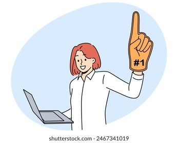 Woman leader with laptop and giant champion hand symbolizing success in internet career. Ambitious girl wants to become leader by working as freelancer through computer or creating online startup.