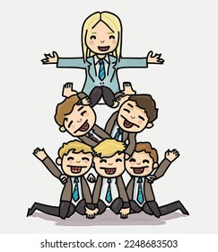 A woman leader masters the power of the company with her colleagues in a single pyramid of success and leadership.