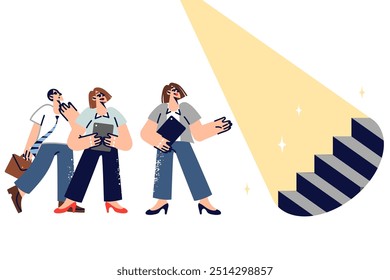 Woman leader shows path to development for young subordinates, wanting career advancement for colleagues. Plan for achieving success from corporate manager talking about career opportunities