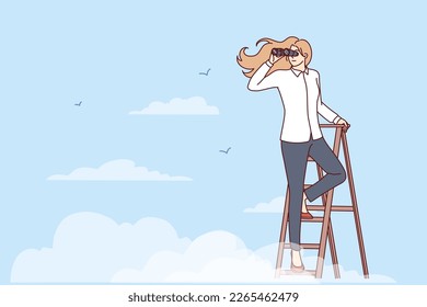 Woman leader stands on top of stepladder among clouds and looks into distance through binoculars. Purposeful girl climbing career ladder makes plans for future to search for business opportunities 