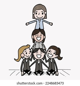 Woman leader surrounded by her colleagues, represented in the form of a pyramid. It illustrates the leadership and strength of women's teams in business.