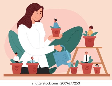 Woman leader watering flower pots with staff inside. Mentoring and growing employees. Concept of management, human resources, supervise, professional growth, career. Flat cartoon vector illustration