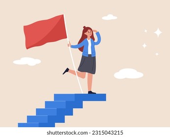 Woman leadership concept. Success fearless female entrepreneur, Challenge and achievement, success businesswoman on top of career staircase holding winning flag looking for future visionary.